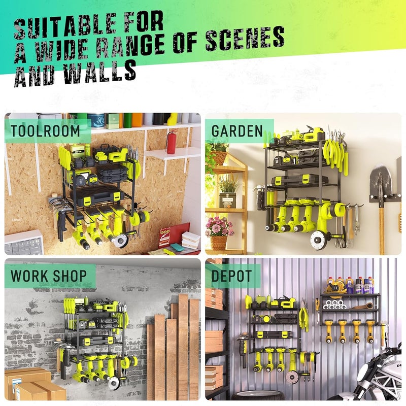 SUNALLY Store Power Tool Organizer, 4 Drill Holder Wall Mount, Garage Tool Organizer and Storage with Screwdriver Holder, Garage Organization, 4 Layer Cordless Drill Holder with Hammer Holder - Image 5